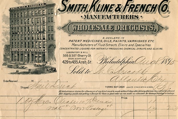 スミス・クライン・アンド・フレンチ・カンパニーの領収書、1895年